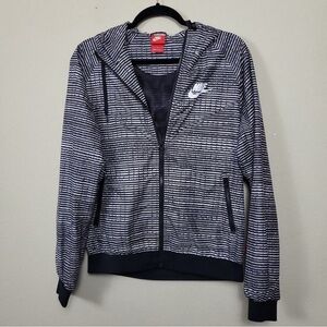 Nike Womens Black White Striped Lone Sleeve Full Zip Hooded Windbreaker Size L